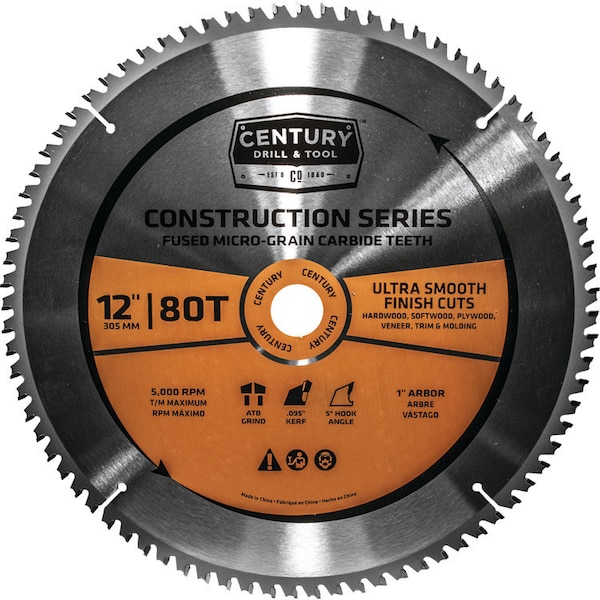 Century Drill And Tool Circular Saw Blade General Construction Grade Mitre 12" 80T 1" Arbor 10244